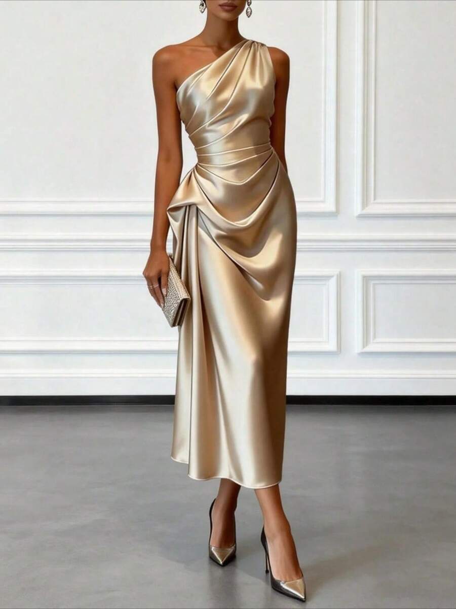 Elegant Satin Pleated Figure-Hugging Evening Gown For Women Chic And Premium V-Neck Midi Dress - 卡其色 - 查看 1
