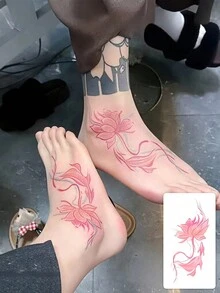 1 Tattoo Sticker - Ink-Blended Powder-Dyed Lotus And Carp Pattern In Traditional Chinese Style. New Type Of Vertical Tattoo Design For Temporary Tattoos. Made Of Washable PVC, Waterproof And Sweat-Resistant. Simulated Tattoo Design With No Reflective Effect. Suitable For Travel, Music Festivals, Games, Graduation Gifts And Daily Use. For 3-5 Days. - Multicolor - View 1
