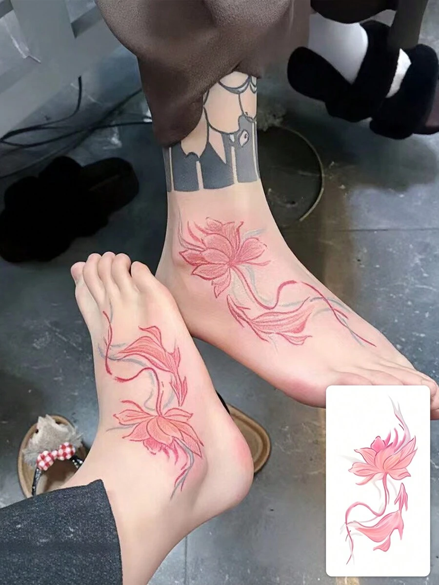 1 Tattoo Sticker - Ink-Blended Powder-Dyed Lotus And Carp Pattern In Traditional Chinese Style. New Type Of Vertical Tattoo Design For Temporary Tattoos. Made Of Washable PVC, Waterproof And Sweat-Resistant. Simulated Tattoo Design With No Reflective Effect. Suitable For Travel, Music Festivals, Games, Graduation Gifts And Daily Use. For 3-5 Days. - Multicolor - View 1