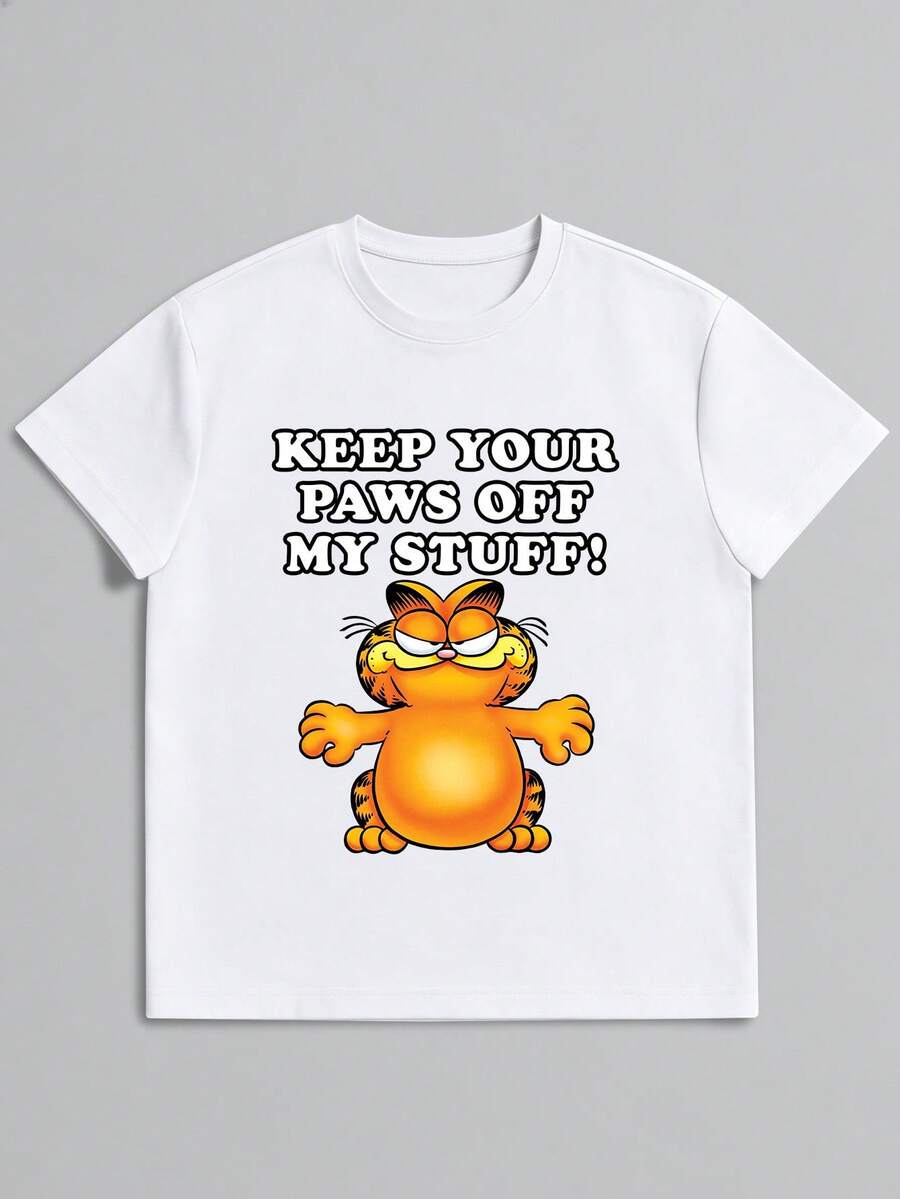Strevion Men's Simple Garfield Cat Protective Graphic Print Letter Print Crew Neck Short Sleeve Summer T-Shirt - White - View 1