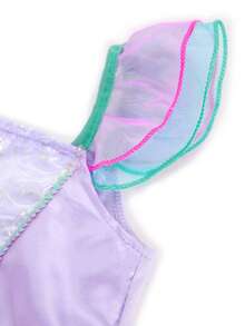 [Not For Swimming]Young Girls Flutter Sleeve Fish Scale Mermaid Skirt, Matching Magic Wand & Gloves Set, Beach Vacation Party, Girls' Evening Dress, Suitable For Outings, Gatherings, Birthday Parties, Stage Performances And Other Large Events - Lilac Purple - View 4