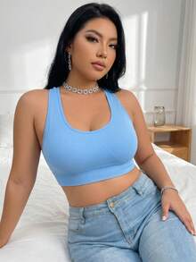 Plus Size Women's Solid Color Casual Versatile Daily Outing Top - Baby Blue - View 4