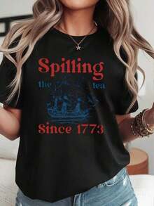 Women's 2026 Funny "I've Loved Gossiping Since 1773" Top - British Humorous Theme, Patriotic Outfit For Independence Day Parties, Crew Neck Style Suitable For Independence Day Parties And Casual Wear, Playful Style Tops For Women In Summer - 黑色 - 查看 6