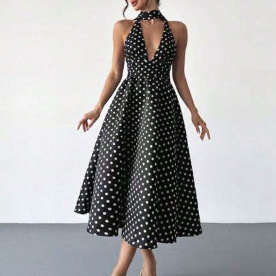 Vestido midi con cuello en V, espalda descubierta y cintura acampanada con lunares retro para mujer, adecuado para el Día de San Valentín, conciertos, actuaciones, citas, fiestas, bodas, sexy, elegante, para ir al trabajo, vuelta al colegio, vacaciones, playa, romántico - Blanco - Ver 1