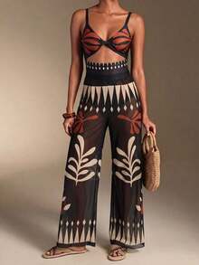 Traje de baño de una pieza con estampado de plantas tropicales y calado, con pareo y pantalones para vacaciones - Multicolor 2 - Ver 7