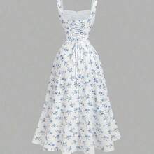 MOD Vestido floral con panel delantero de encaje, cuello cuadrado, espalda recogida con lazo, vestido de fiesta, vestido de brunch, vestido de vacaciones, vestido de banquete, vestido del Día de San Valentín, atuendos de vacaciones en la playa, estilo bohemio, vestidos de verano, vestido maxi floral blanco y azul para invitada de boda, estilo cottagecore, vestido línea A sin mangas de cuello cuadrado, vestido de verano elegante para boda en jardín, fiesta de cóctel, compromiso, reunión fes - Rojo y blanco - Ver 7