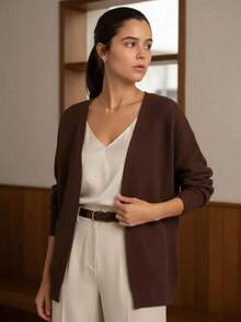 Cardigan Feminino Básico Alongado Tricô Ponto Fang Manga Longa Outono Inverno - Marrom - Visão 2