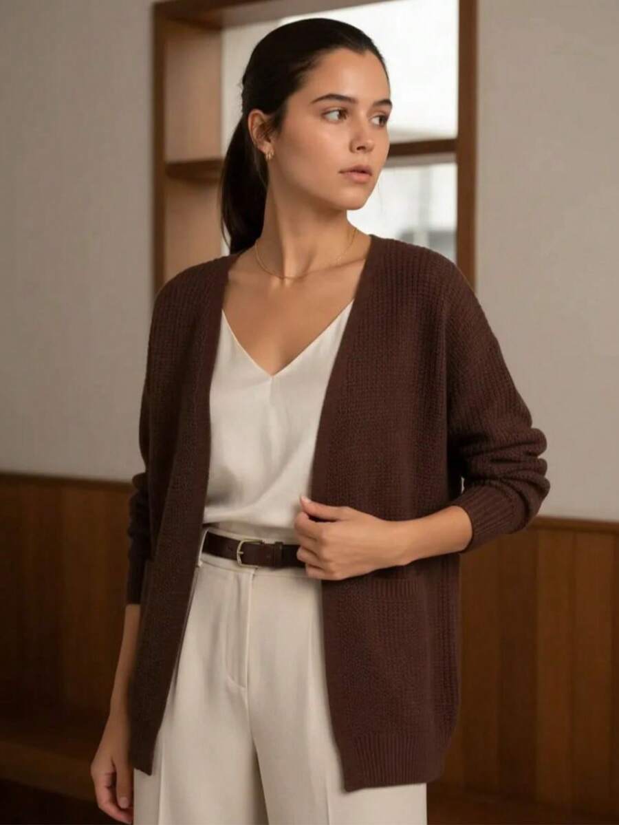 Cardigan Feminino Básico Alongado Tricô Ponto Fang Manga Longa Outono Inverno