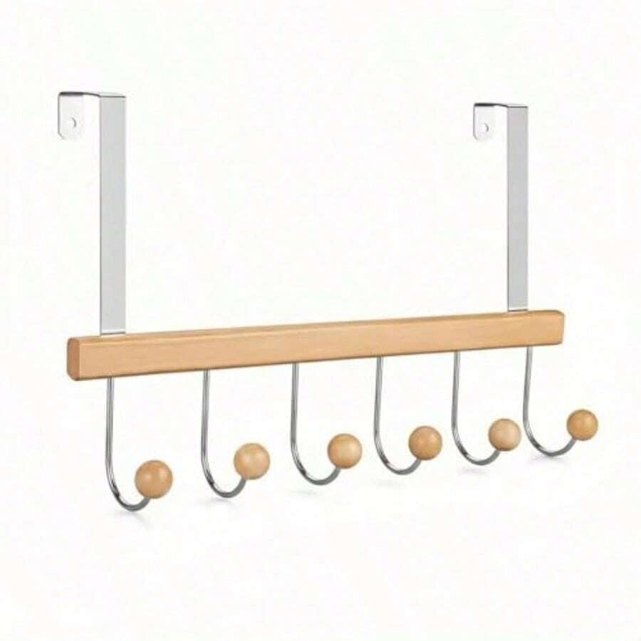Ganchos para Puerta, Colgador para Puerta de Madera - 6 Ganchos para Organizar Toallas, Abrigos, Sombreros y Bolsos - Perchero para Baño, Dormitorio o Entrada Sin Necesidad de Taladrar - Natural - Ver 1