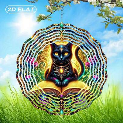 2D Flat, 1pc Bohemian Style Metal Mystical Cat Wind Chime Decor With Painted Glass Bells - 10 Inch Wind Chime Cat Wall Decor, Suitable For Indoor/Outdoor Garden, Patio Etc. - Metal Dream Catcher Decor With Wind Chime, Suitable As Christmas, Halloween, Easter, Thanksgiving Gift, 2D Flat Design, Comes With Random Hanging Hook Style