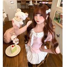 Women Long Dresses - Two-piece Set: Patchwork Short-sleeved Shirt + Polka Dot Skirt - View 11