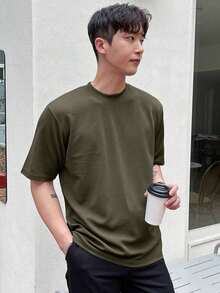 Hombres Camiseta unicolor de cuello redondo - Verde militar - Ver 4