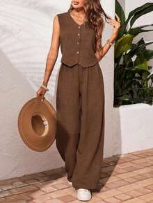 Frenchy Conjunto de 2 piezas de chaleco sin mangas con botones y pantalones de pierna ancha de unicolor, para estilo casual, de oficina y de vacaciones, para primavera/verano/otoño - Niebla azul - Ver 9