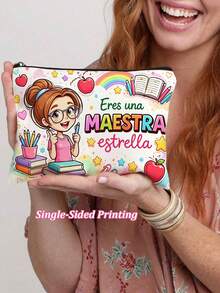 Cartoon Spanish Teacher Makeup Bag - "You Are A Teacher" Appreciation Gift Cosmetic Pouch With Pink Plaid, Multifunctional Large Capacity Travel Storage Bag, Gift For Teachers, Token Of Gratitude, Holiday Present - Beige - View 16