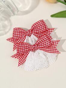 2pcs Red & White Plaid Bow Hair Clips With White Lace Ruffle Decor, Cute & Fashionable Hair Clips, Alligator Clips & Hair Pins, Suitable For Girls, Birthday, Party & Daily Wear - Multicolor - View 2