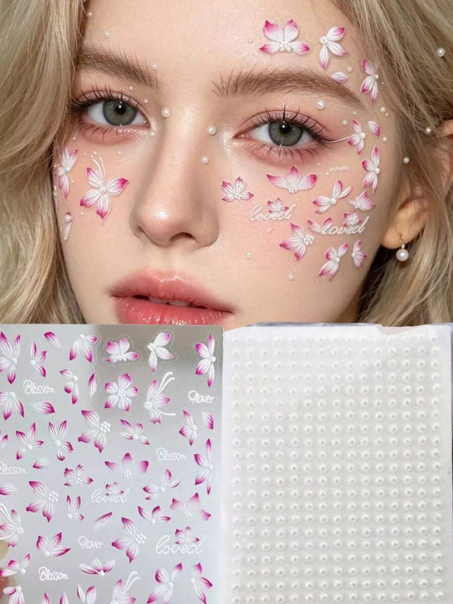 1pc Delicate Cherry Blossom Petal Face Rhinestone Sticker, Spring Date Everyday Eye Makeup Decor Self-Adhesive Pearl Accessory, Slouchy Quick Makeup Face Pearl Sticker, Multi-Pattern Sakura Petal Letter Dot Combination, Party Photo Shoot Daily Makeup Pearl Sticker - Multicolor - View 1