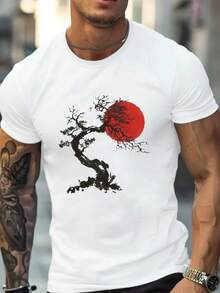 Pure Cotton T-Shirt: A Men's T-Shirt With Zen Tree Print, 100% Cotton, Breathable And Lightweight, Short Sleeve And Round Neck, Suitable For Sports, Hiking, Casual Wear And Festive Occasions, 180g. - 白色 - 查看 1