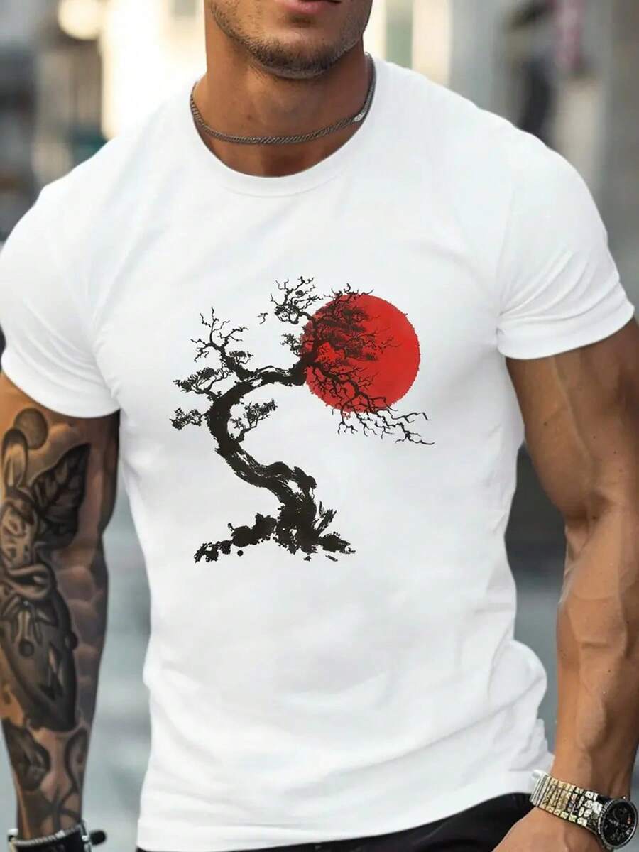 Pure Cotton T-Shirt: A Men's T-Shirt With Zen Tree Print, 100% Cotton, Breathable And Lightweight, Short Sleeve And Round Neck, Suitable For Sports, Hiking, Casual Wear And Festive Occasions, 180g. - 白色 - 查看 1
