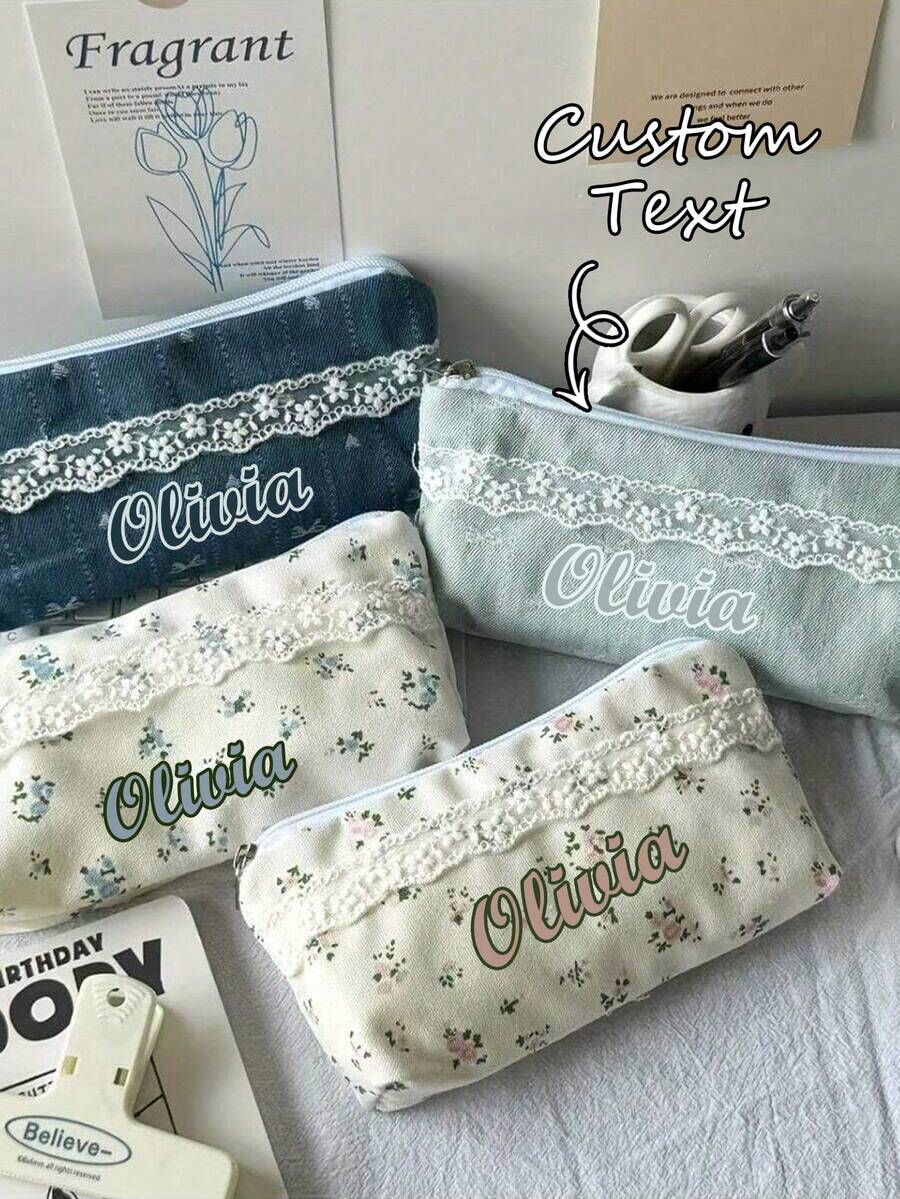 Personalized Lace Pencil Case, Ditsy Floral Stationery Storage Bag, Makeup Bag, Student Stationery Essential, Perfect For Back To School Season, Multifunctional Makeup Bag, Business Holiday, School, Travel Essential Accessory, Mother's Day, Teacher, Girlfriend Gift - Multicolor - View 1