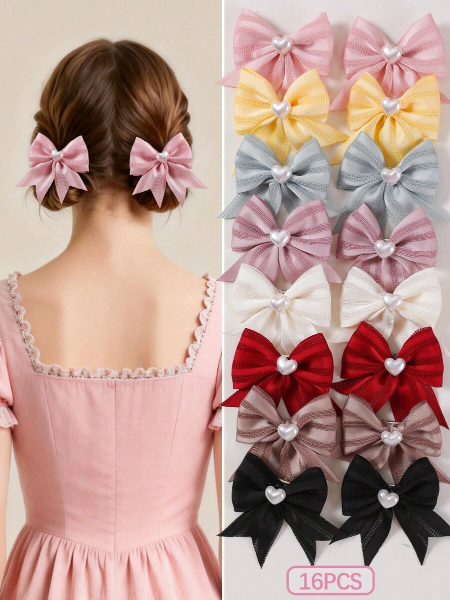 16pcs/Set Cute Heart Pearl Chiffon Bow Hair Clips, Floral Decor Hair Accessories For Girls, Suitable For Daily Use - Multicolor - View 1