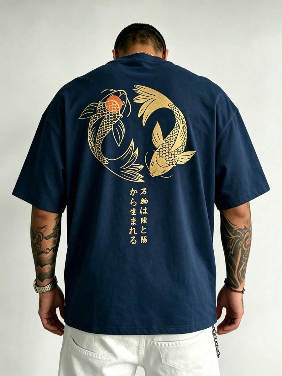 男士大尺碼海軍藍日式錦鯉印花街頭風休閒T恤 - 藏蓝色 - 查看 1