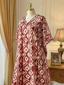 Weeklong Vestido holgado con cuello en V y mangas raglán con aplicaciones, adecuado para uso diario y vacaciones, tallas grandes para mujeres - Multicolor 9 - Ver 4