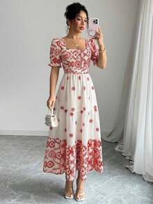 MEXElenzga Vestido casual/de trabajo de manga corta con cuello cuadrado y cintura ceñida en línea A con estampado para mujerMEX EJSS - Rojo - Ver 7