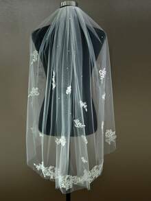 1pc Short Length Lace Applique Bridal Wedding Veil, Single Layer Soft Tulle With Hair Comb - Multicolor - View 9