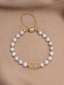 1 pieza Pulsera de perla natural chapada en oro de 18K, regalo para el Día de la Madre, San Valentín, cumpleaños, boda, compromiso, novia - citrino - Ver 5