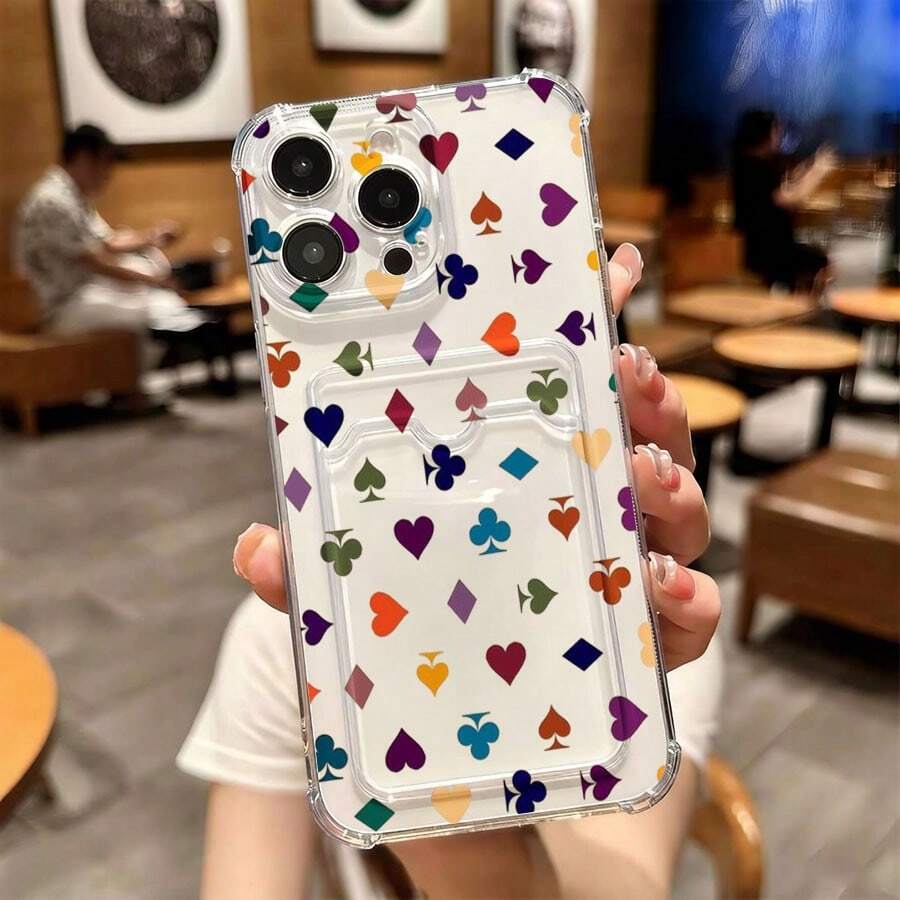 1 unidad Patrón de palos de cartas de juego coloridos Funda para iPhone 16 PRO, protección anticaída con airbag reforzado en las cuatro esquinas, tarjetero invisible integrado en la parte trasera, compatible para tarjeta personal, carnet de conducir, tarjeta de acceso y tarjeta de transporte, funda protectora antigolpes portátil con ranura para tarjetas, diseño sencillo y elegante, ideal para uso diario, desplazamientos y viajes - transparente (transparente) - Ver 1