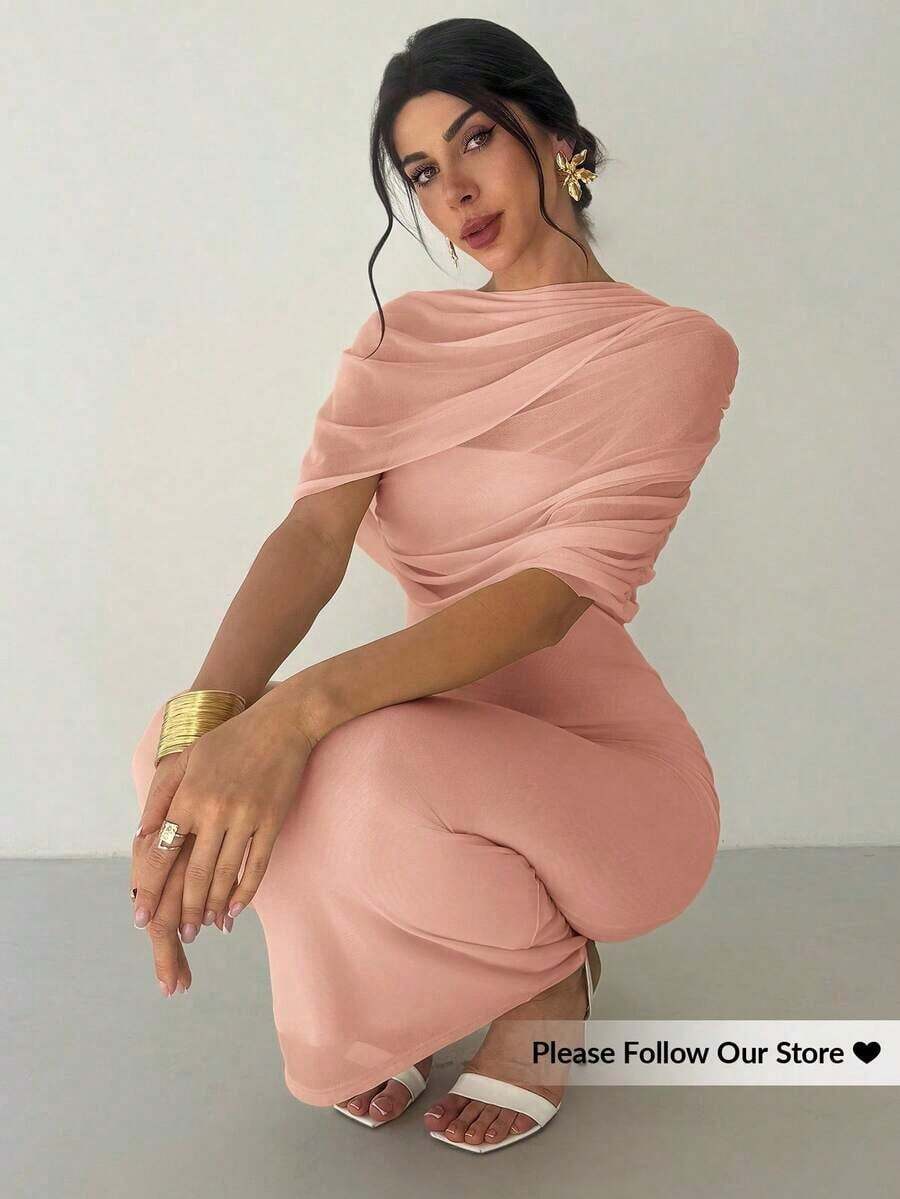 fsvsFirerie Vestido ajustado con cuello de volantes, cintura plisada y color amarillo sólido elegante y romántico.Atuendo para playa, aeropuerto, vacaciones, maestros y vestido de invitada de boda para mujeressdvs AQXT - Rosa - Ver 1