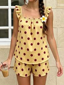 Womens 2 Piece Pajamas Set Cute Ruffle Sleeveless Dots Print Tops Shorts Set Lounge Clothes - Yellow - View 2