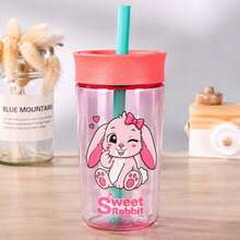 1pc Sweet Rabbit Cartoon Straw Cup Set - Blue & Pink Color Design - Leak-Proof & Splash-Proof Party Cup - Summer Essential Cold Drink Cup - Suitable For Birthday Party, Back To School, Picnic - Cute Rabbit Theme - View 4