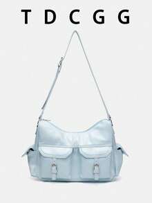 Bolso de hombro tipo hobo de moda retro estilo Y2K de piel sintética con múltiples bolsillos, perfecto para ir al trabajo y atuendos diarios - Celeste - Ver 1