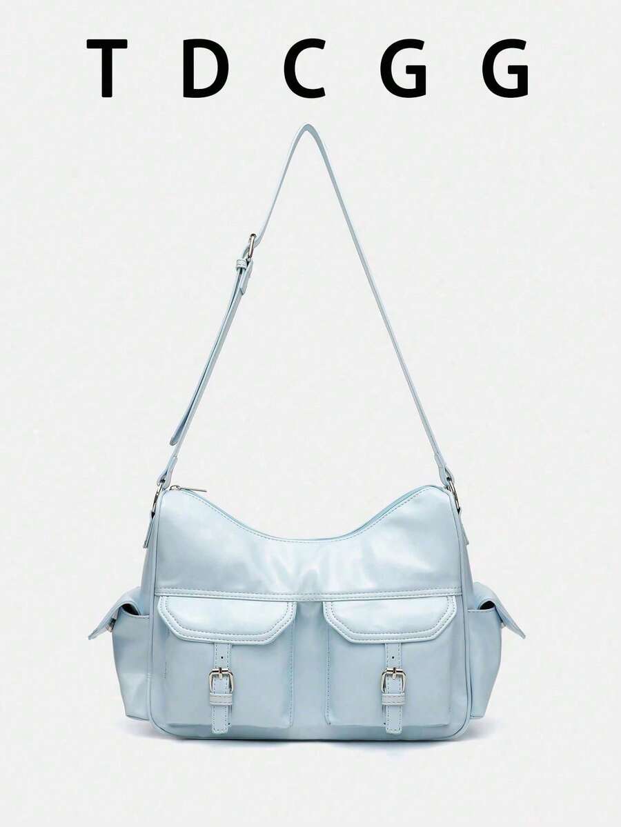 Bolso de hombro tipo hobo de moda retro estilo Y2K de piel sintética con múltiples bolsillos, perfecto para ir al trabajo y atuendos diarios - Celeste - Ver 1