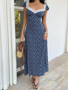 Unity Vestido midi de línea A con mangas cortas abullonadas, cintura alta, cuello con aplicación de corazón y encaje, estampado de lunares blanco y negro en patchwork.Minimalista, elegante y dulce, adecuado para uso diario, viajes, primavera/verano, mujeres - Azul marino 2 - Ver 7