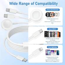 3合1 (磁吸充電 + Type-C + Lightning) 多功能充電線，智慧手錶磁吸充電器，無線充電墊，快速充電 & 高效率數據傳輸線，相容於 系列，17/16/15/14/13/12/11/XS/XR/8/7/6, , - 白色 - 查看 8