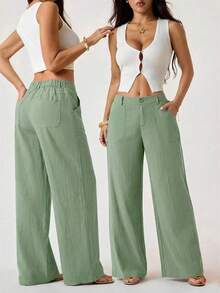 PETITE Pantalones rectos de cintura baja de 100% algodón lavado, pantalones de lino para mujer, pantalones de verano, pantalones anchos de mujer, pantalones de verano, otoño y ropa de otoño para mujer - verde menta - Ver 2