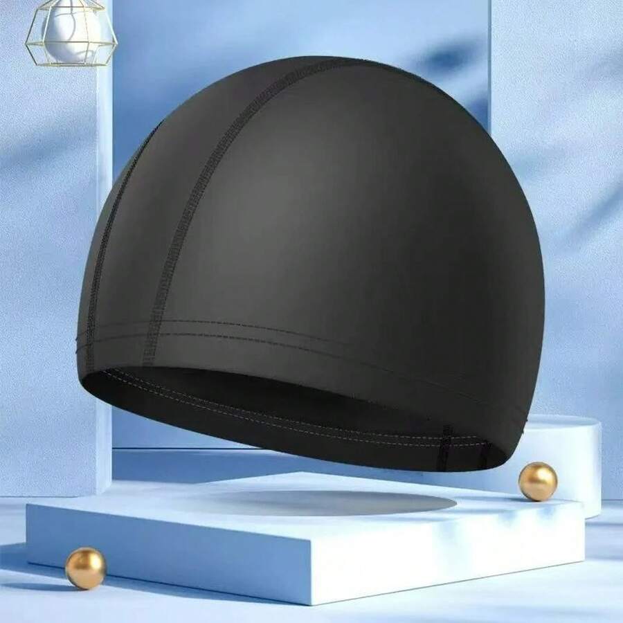2025 New Waterproof PU Fabric Protects Ears Solid Color Waterproof Adult/Children's Swimming Caps Pool Hat PU Fabric Protects Ears - C102-黑色-1件 - 查看 1