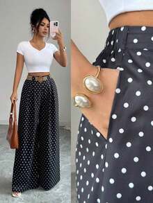 Nuevos pantalones culotte de talle alto con estampado de lunares para primavera/verano, elegante estilo adecuado para uso diario y laboral, temporada de graduación, festival de música vintage, Derby, Día de la Independencia - Blanco y Negro - Ver 1