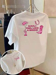 Women's T-Shirt With The Inscription "I Like Bride" On The Front And Back, In Pink Denim Style, Short Sleeves, Individual Double-Sided Design, Everyday Wear For Women - Casual Round Neck T-Shirt, Comfortable Fit, Casual Style For Travel And Sports. - 魏斯 - 查看 8