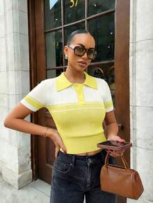 Suéter de punto de manga corta con cuello polo, diseño de bloques de color amarillo & blanco, estilo Y2K, primavera/verano, ajuste ceñido, adecuado para citas, ir al trabajo y viajar - Amarillo verdoso y blanco roto - Ver 8