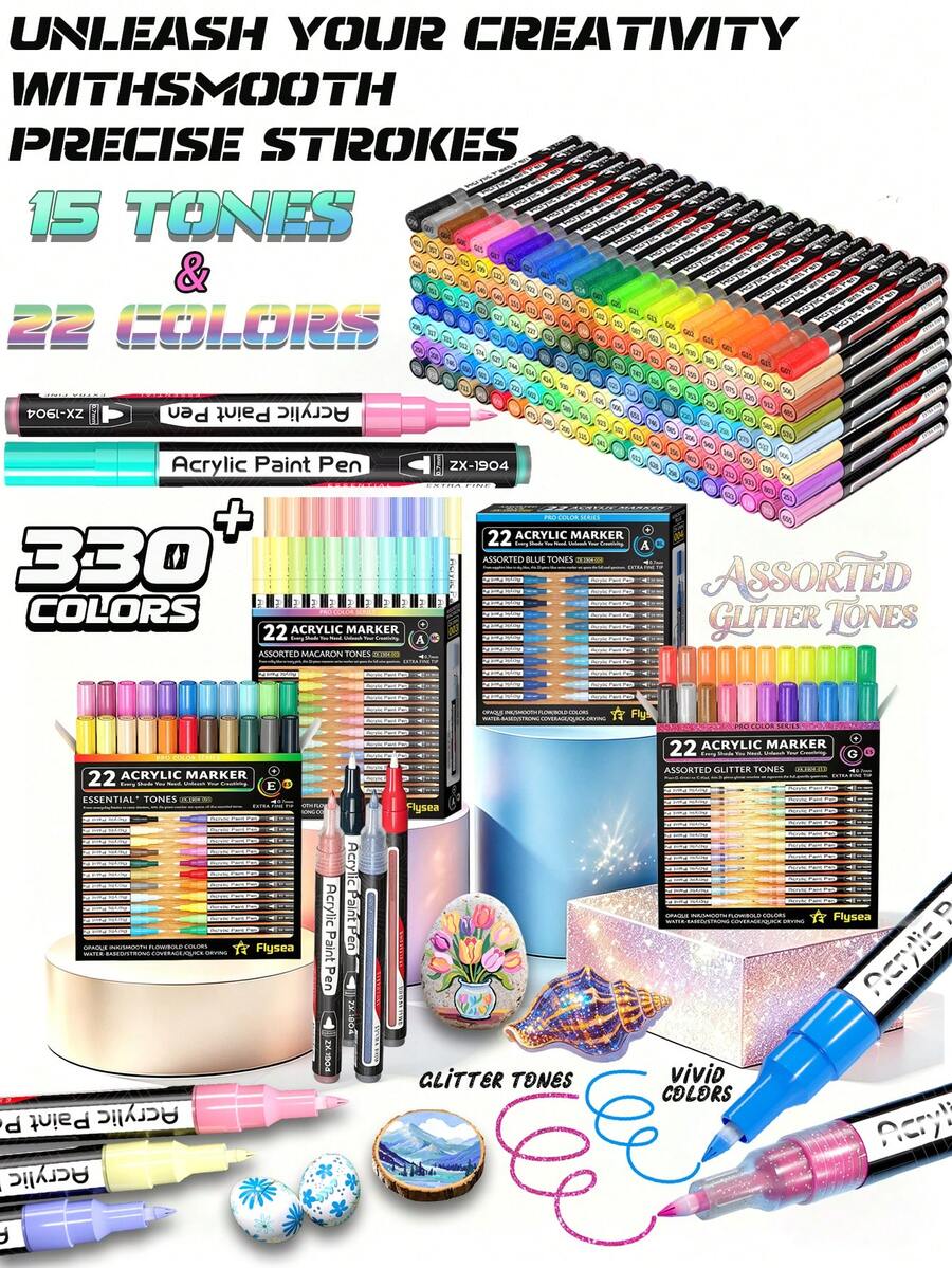 Spidol Cat Akrilik Ujung Halus Flysea, Ujung Ultra Halus 0,7mm, 22 buah/kotak, Warna Gradien, Tersedia 15 Skema Warna, Cepat Kering, Hari Pertama Sekolah