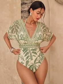Chiccia Traje de baño de una pieza con control de abdomen, estampado con patrón bohemio sudamericano de malla para mujer - Multicolor - Ver 8
