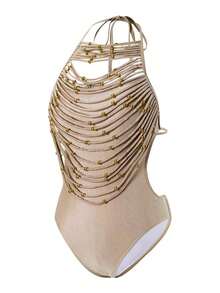 Chiccia Traje de baño de una pieza con cuello redondo, halter, unicolor, calado, decoración de cuentas metálicas y flecos, estilo festival bohemio - Champán - Ver 3