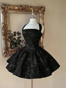 Lovelzi Vestido elegante, romántico y de moda de tela jacquard burdeos con escote halter, espalda descubierta y manga larga en corte evasé, adecuado para ceremonia de graduación, apertura de escuela, festival de música, fiesta de cumpleaños, boda, té de la tarde, baile de graduación - Negro - Ver 4