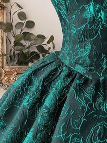 Lovelzi Vestido elegante, romántico y de moda de tela jacquard burdeos con escote halter, espalda descubierta y manga larga en corte evasé, adecuado para ceremonia de graduación, apertura de escuela, festival de música, fiesta de cumpleaños, boda, té de la tarde, baile de graduación - Verde Oscuro - Ver 8
