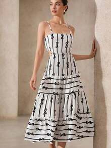 MEXChiquease Vestido de tirantes sin mangas con encaje y cordones en la parte delantera, con estampado de lazo jacquard para mujerMEX TIEJ - Blanco y Negro - Ver 1