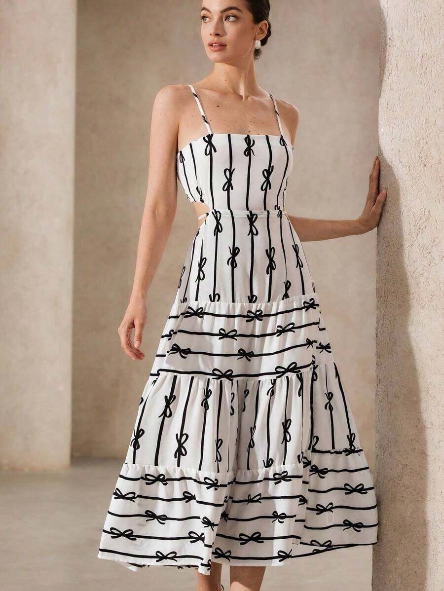 MEXChiquease Vestido de tirantes sin mangas con encaje y cordones en la parte delantera, con estampado de lazo jacquard para mujerMEX TIEJ - Blanco y Negro - Ver 1