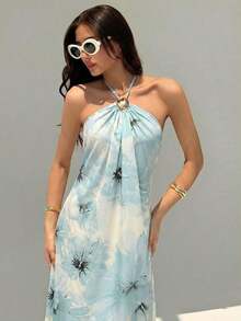 fsfvgsAloruh Nuevo vestido largo con cuello halter, plisado, sin espalda, con decoración de bolas metálicas, talla grande, silueta favorecedora en color champánsbfb s 15F2 - Beis - Ver 5